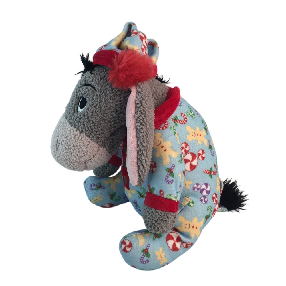 Disney Parks Eeyore Plush 12" Blue Christmas Footed‎ Pajamas Cap Candy Cane